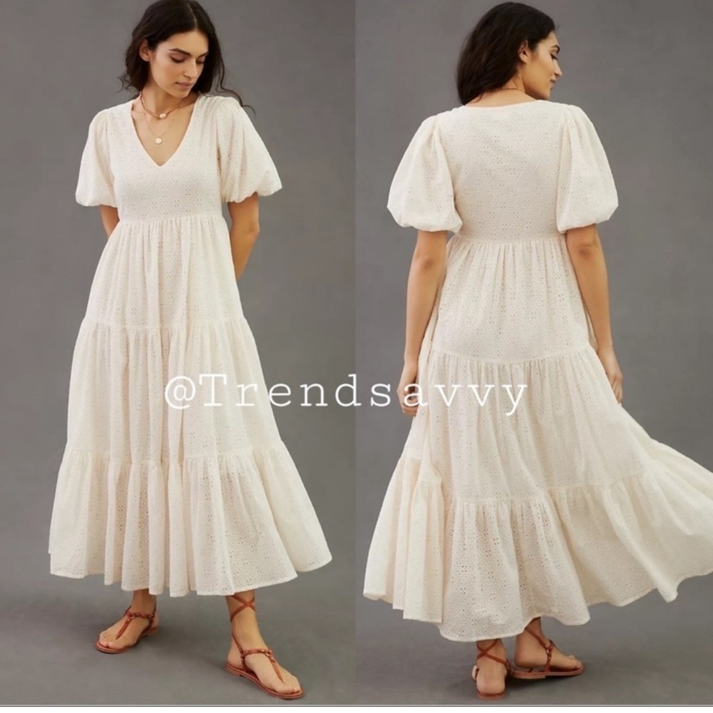 Anthropologie Mother Eyelet Puff Sleeve Tiered Maxi Dress White Xs Nwt Boho